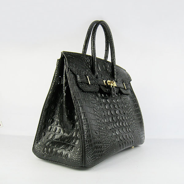 High Quality Fake Hermes Birkin 35CM Crocodile Head Veins Leather Bag Black 6089